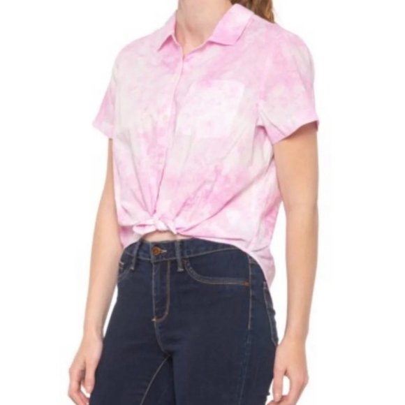 NWT Lucky Brand Pink Tie Dye Short Sleeve Tie Front Button Down Shirt S - Picture 1 of 6